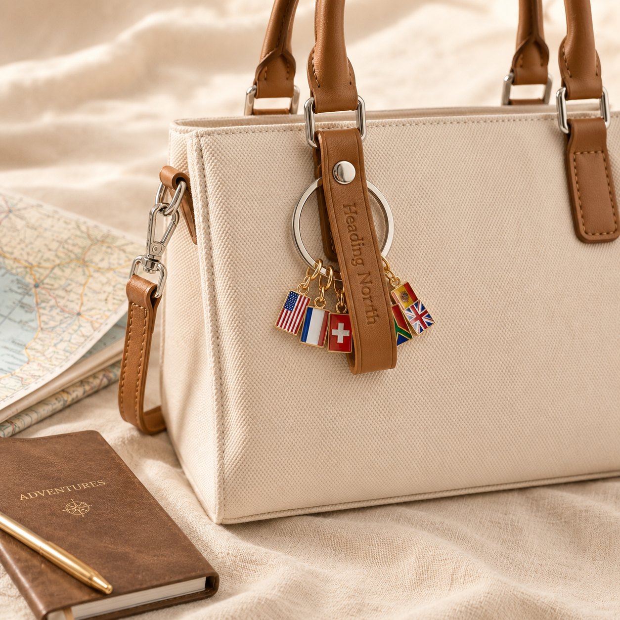 Keychain with flag charms on a handbag